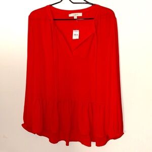 Loft Tie Neck Peplum Flounce Top, Red